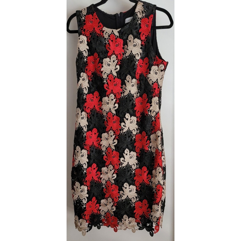 Calvin Klein Dress Size 10 Formal Floral Black Red Beige Lace Sleeveless